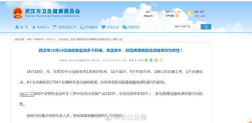 武汉市10月19日抽检和监测多个环境 食品样本,新冠病毒核酸检测结果均为阴性